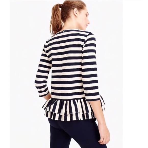 J Crew Asymmetrical Striped Ruffle 3/4 Sleeve Top - Picture 2 of 5